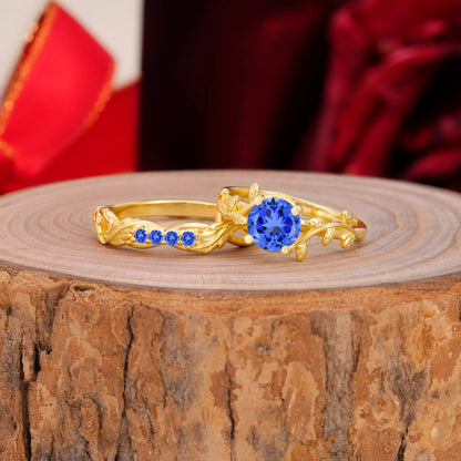 Nature-Inspired Leaf & Floral Round Cut Sapphire Couple Rings Set