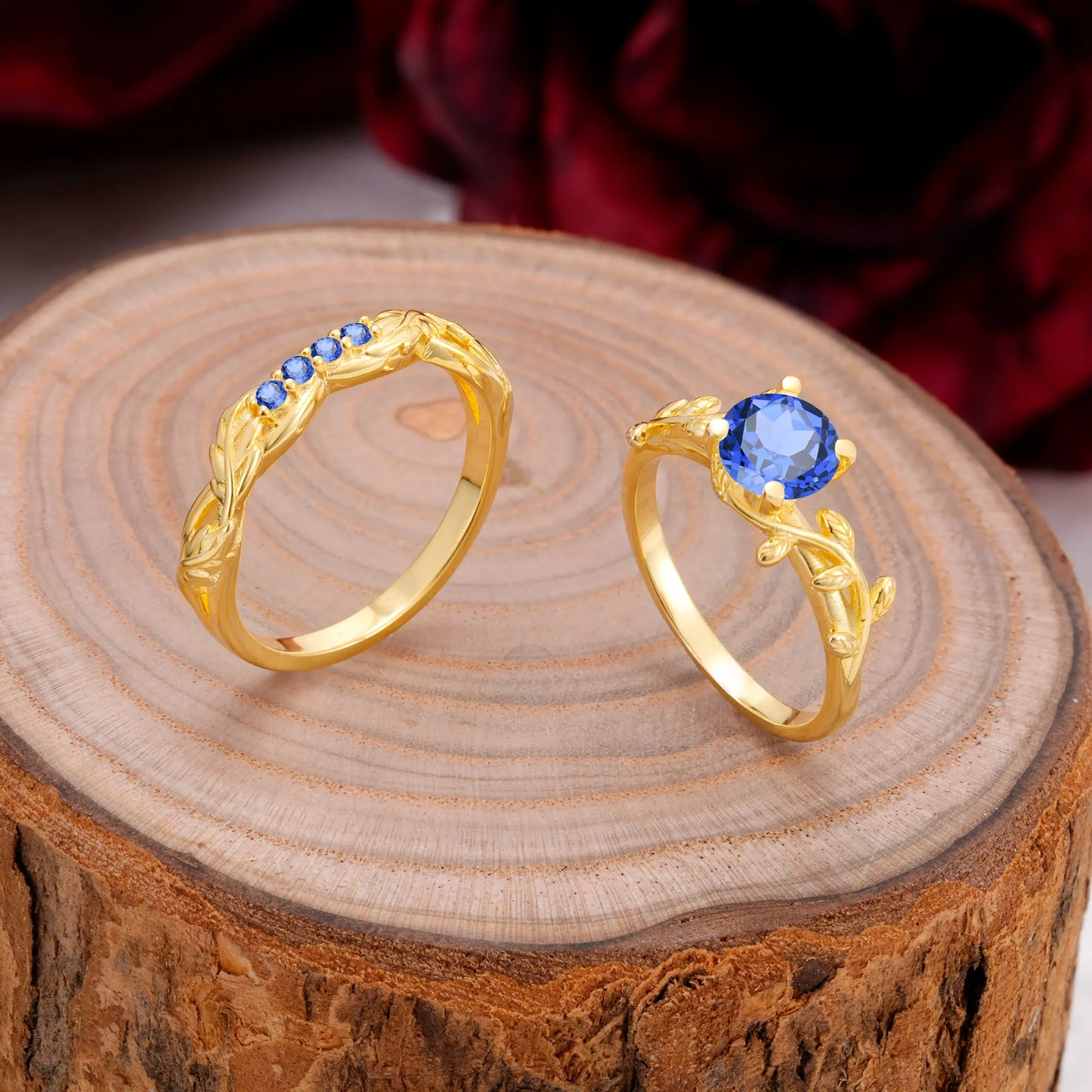 Nature-Inspired Leaf & Floral Round Cut Sapphire Couple Rings Set