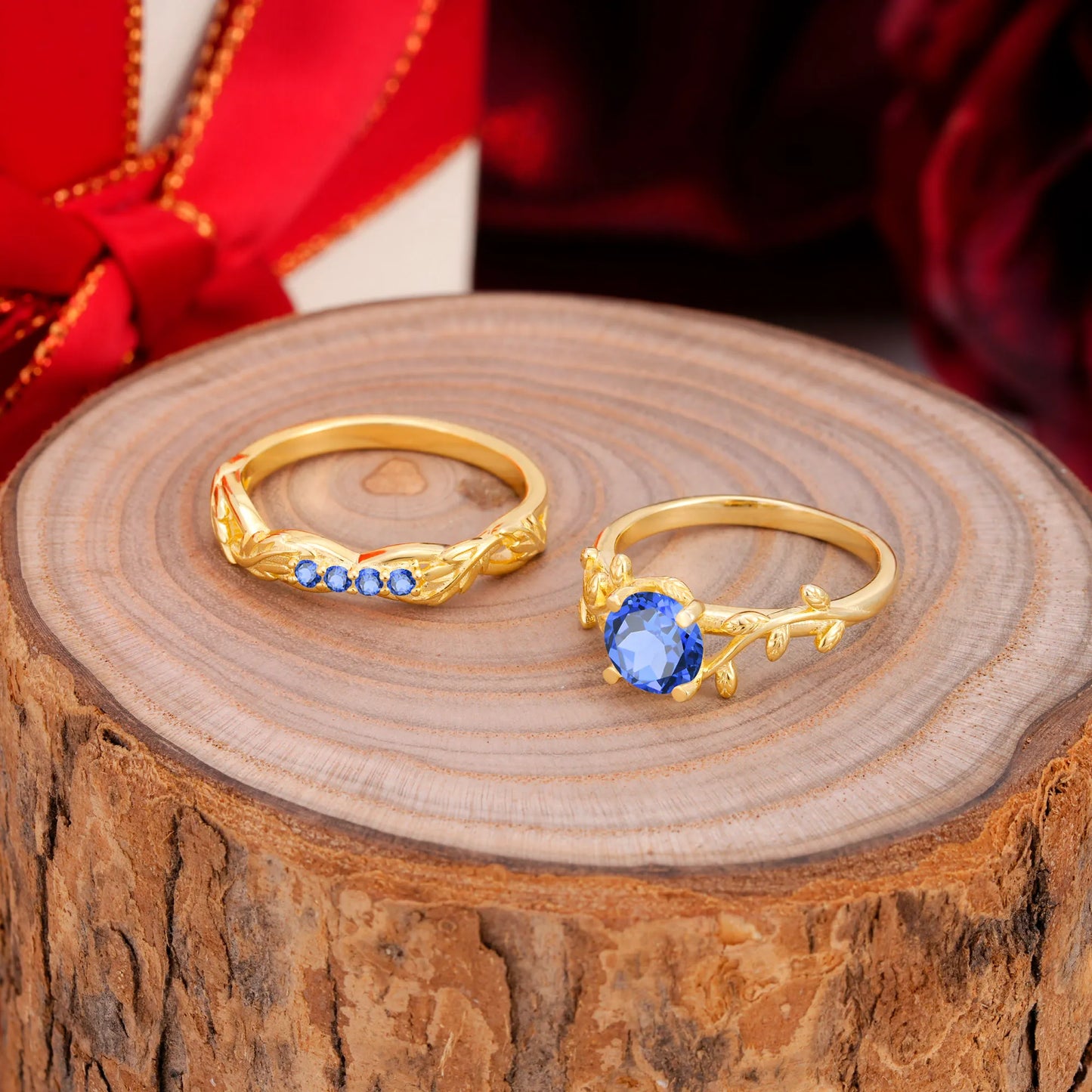 Nature-Inspired Leaf & Floral Round Cut Sapphire Couple Rings Set
