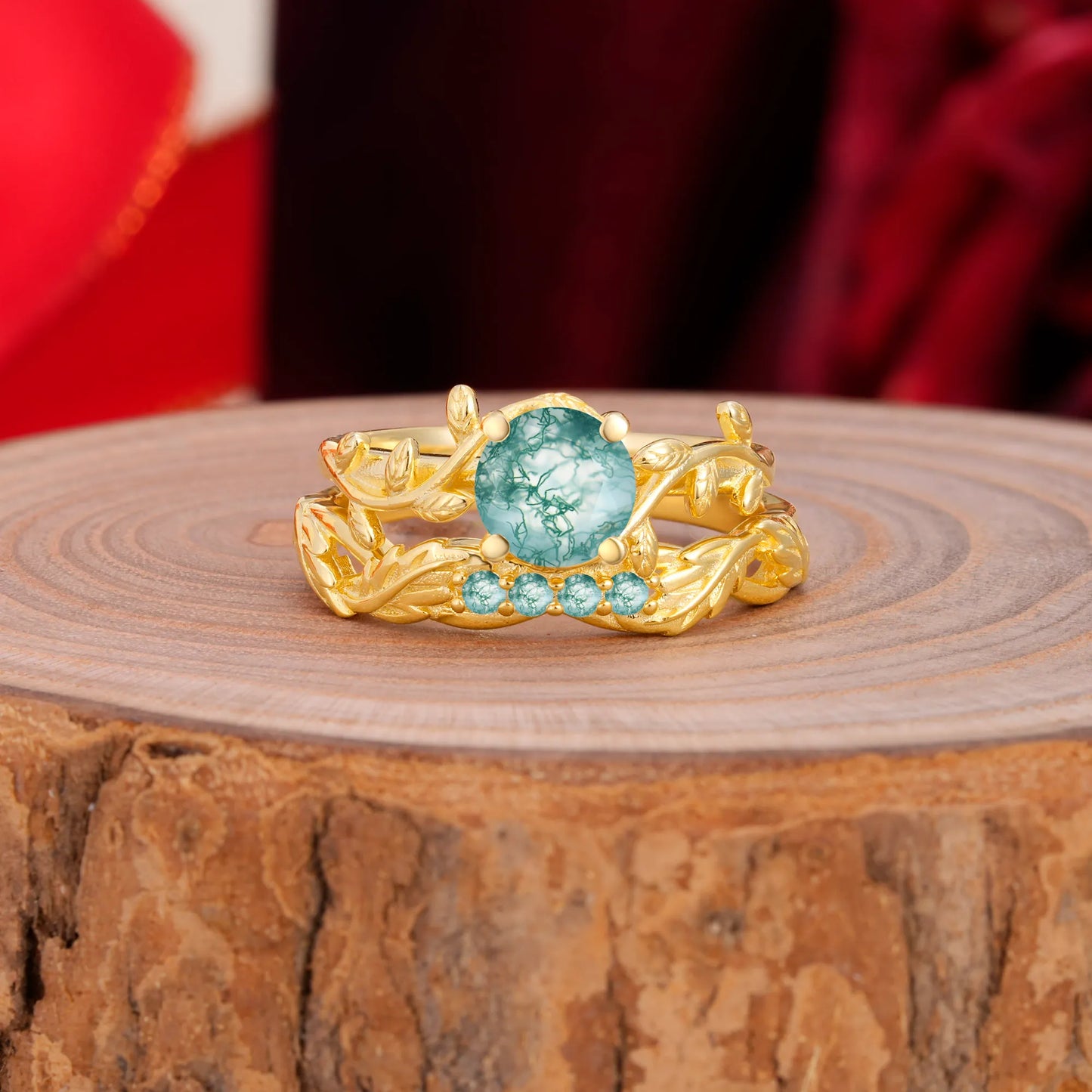 Nature-Inspired Leaf & Floral Round Cut Moss Agate Couple Rings Set