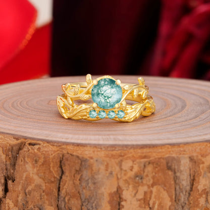 Nature-Inspired Leaf & Floral Round Cut Moss Agate Couple Rings Set
