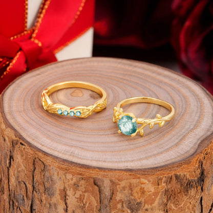 Nature-Inspired Leaf & Floral Round Cut Moss Agate Couple Rings Set