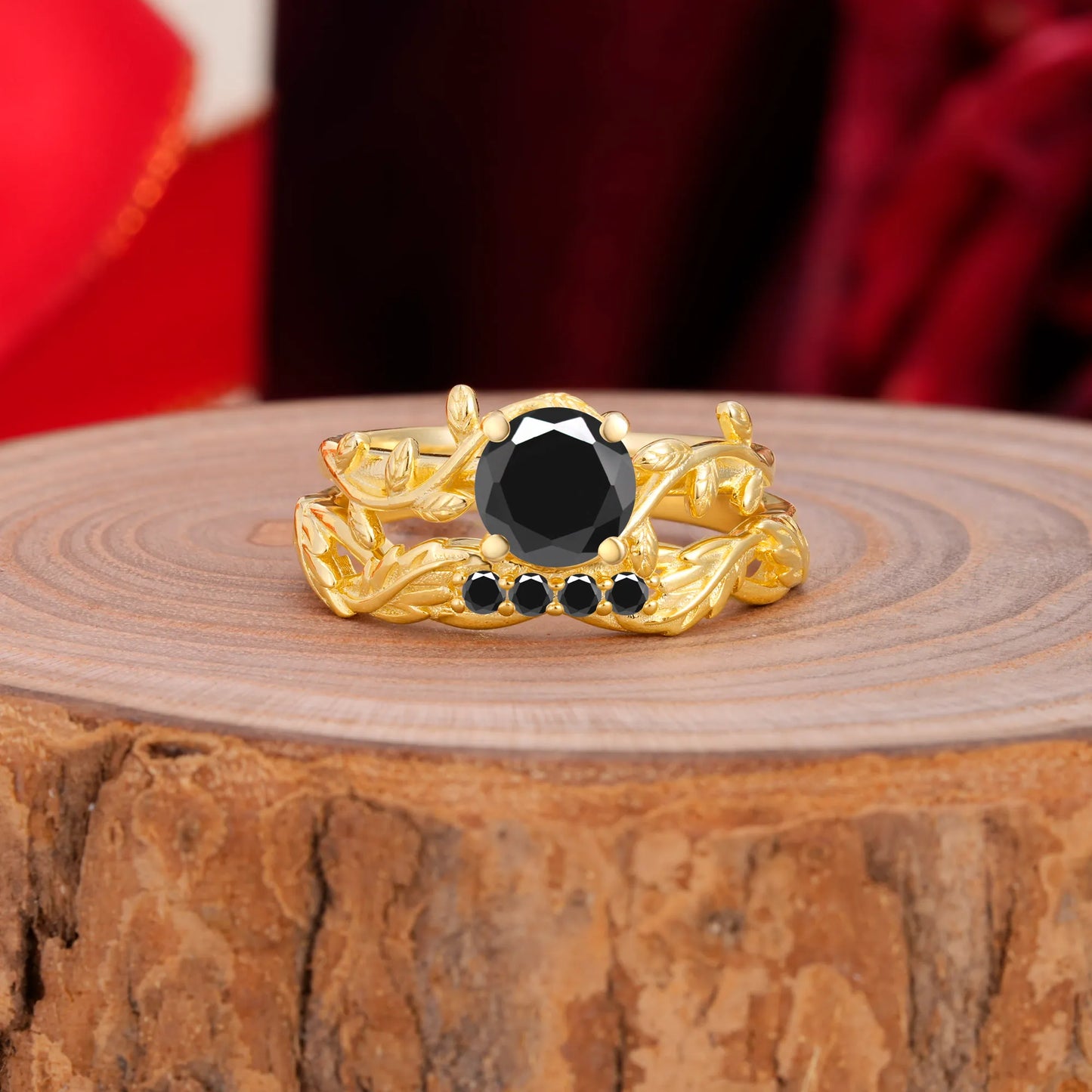 Nature-Inspired Leaf & Floral Round Cut Black Onyx Couple Rings Set