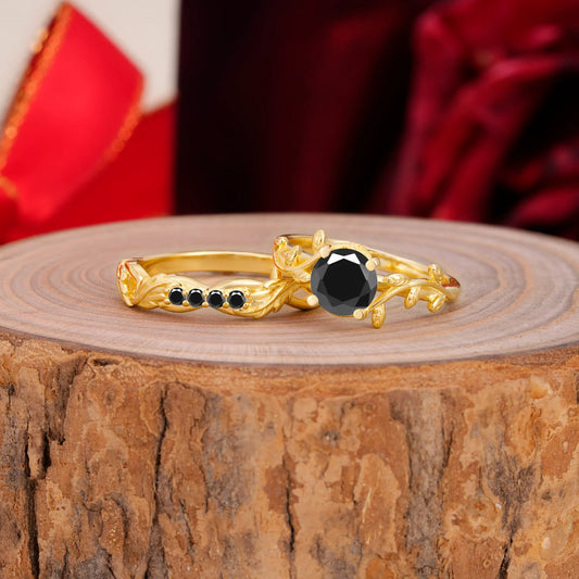 Nature-Inspired Leaf & Floral Round Cut Black Onyx Couple Rings Set