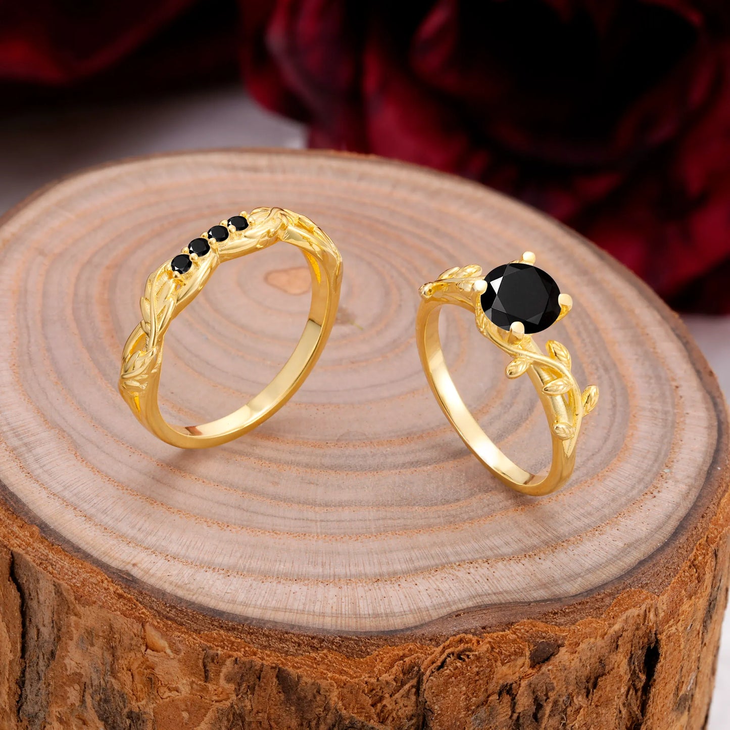 Nature-Inspired Leaf & Floral Round Cut Black Onyx Couple Rings Set