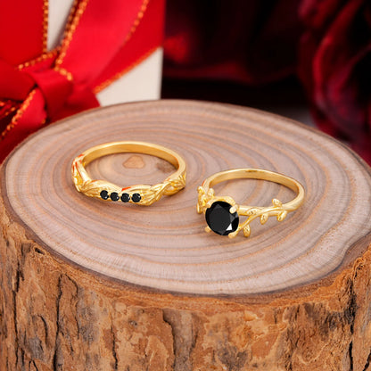 Nature-Inspired Leaf & Floral Round Cut Black Onyx Couple Rings Set