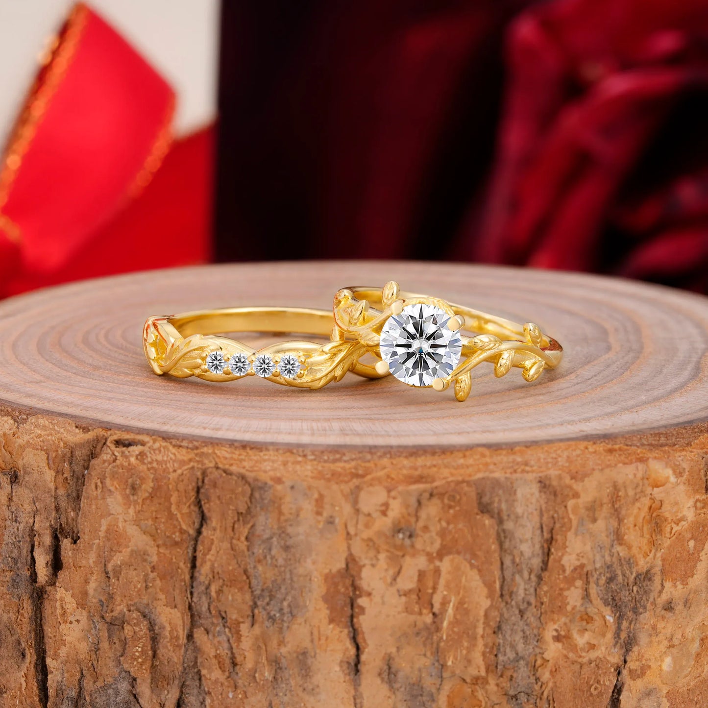 Nature-Inspired Leaf & Floral Round Cut Lab Diamond Couple Rings Set