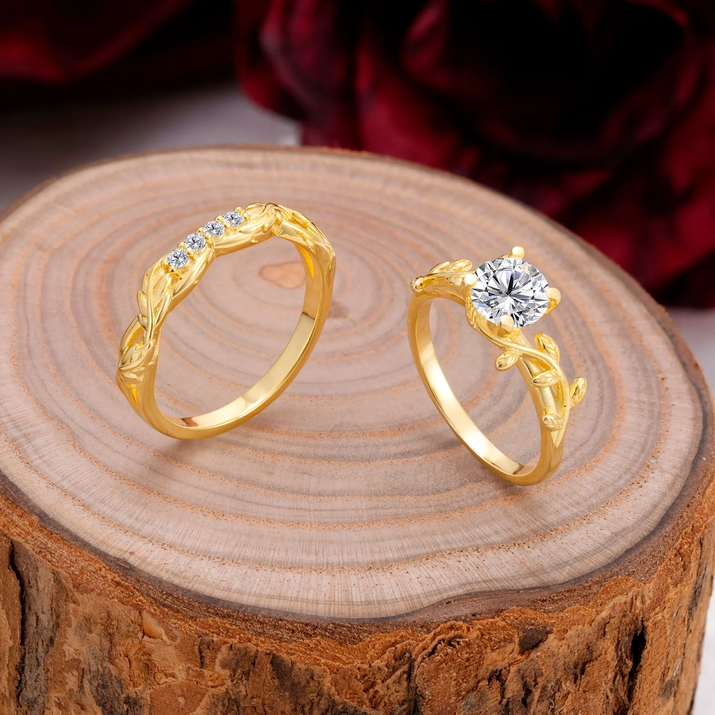 Nature-Inspired Leaf & Floral Round Cut Lab Diamond Couple Rings Set