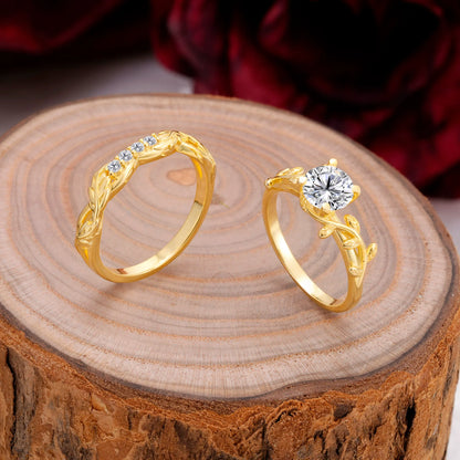 Nature-Inspired Leaf & Floral Round Cut Lab Diamond Couple Rings Set