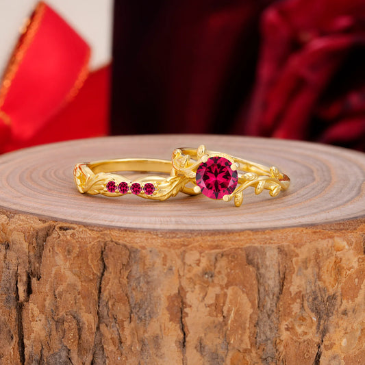 Nature-Inspired Leaf & Floral Round Cut Ruby Couple Rings Set