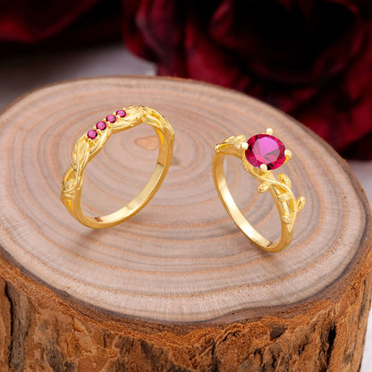 Nature-Inspired Leaf & Floral Round Cut Ruby Couple Rings Set