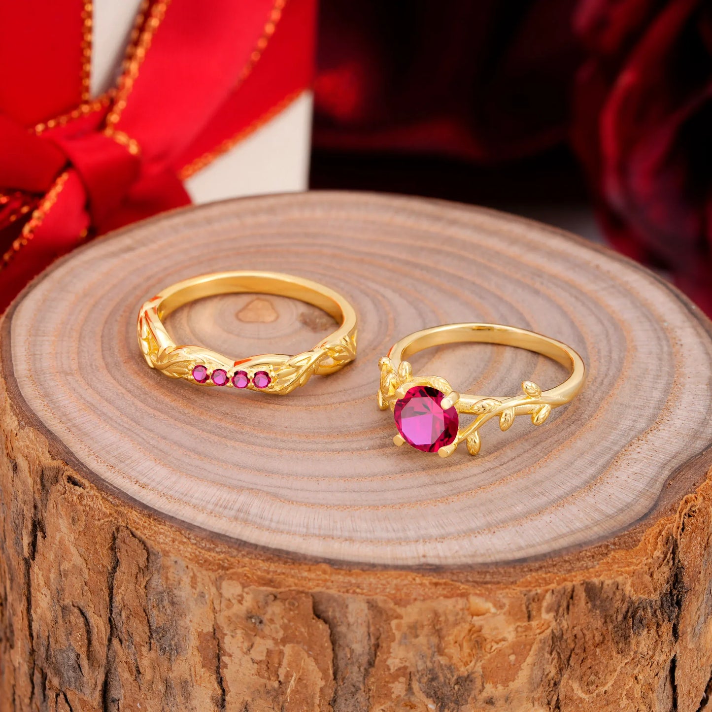 Nature-Inspired Leaf & Floral Round Cut Ruby Couple Rings Set
