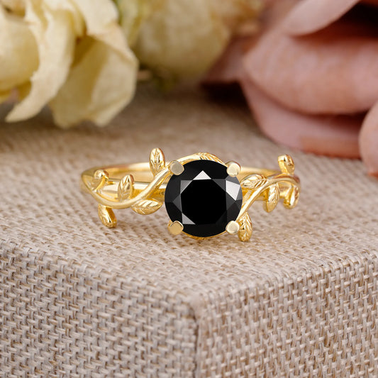 Nature-Inspired Classic 4-Prong Round Black Onyx Engagement Ring