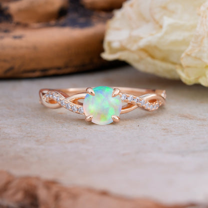 Twisted Vine Rose Gold Opal Engagement Ring with Round Cut