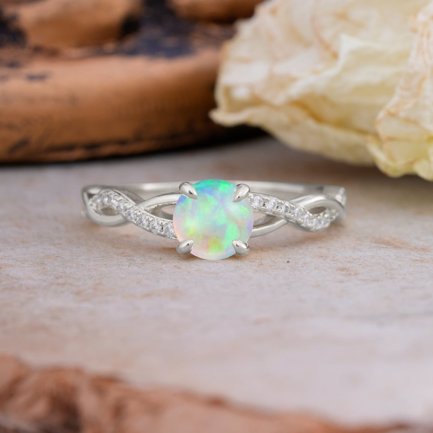 Twisted Vine Rose Gold Opal Engagement Ring with Round Cut
