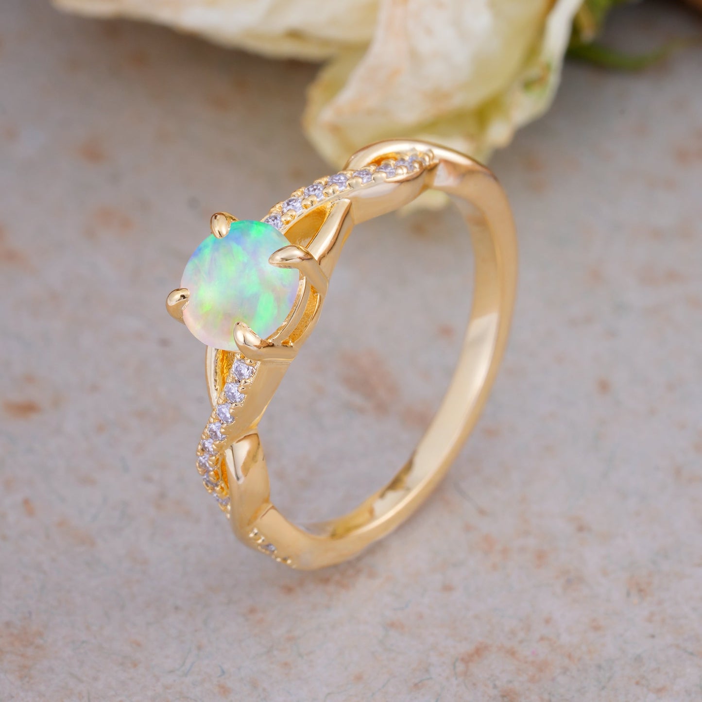 Twisted Vine Rose Gold Opal Engagement Ring with Round Cut