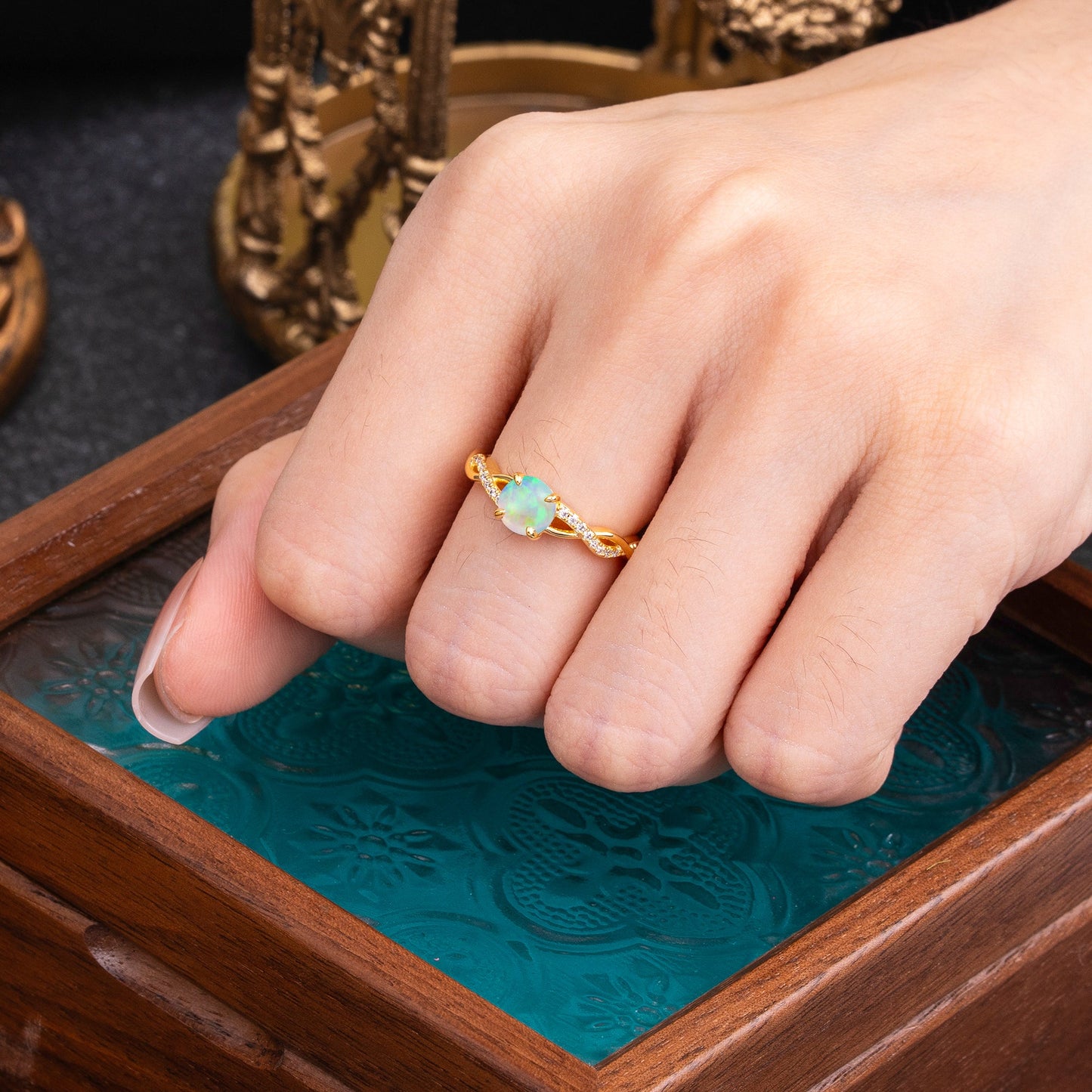 Twisted Vine Rose Gold Opal Engagement Ring with Round Cut