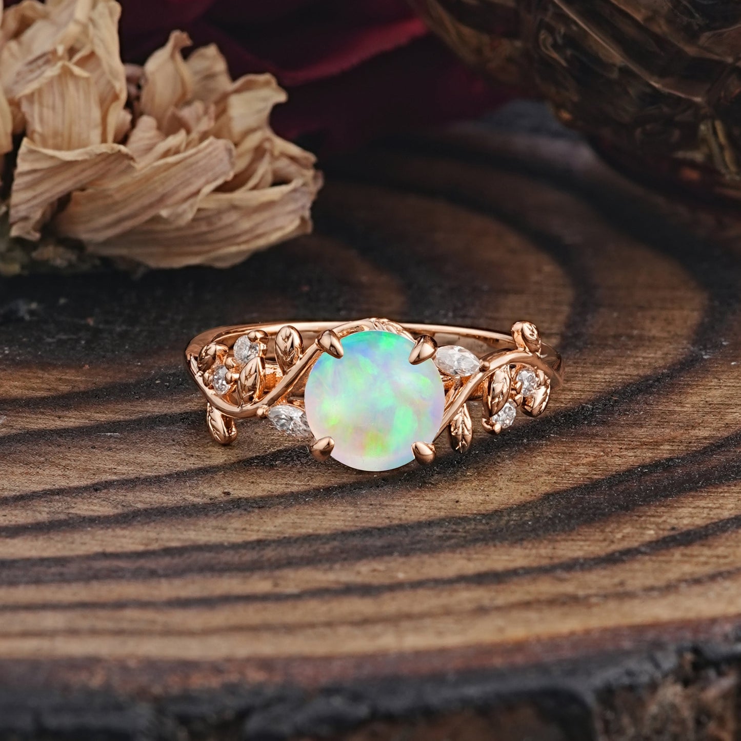 Romantic Round Cut Nature-Inspired Leaf Opal Engagement Ring for Women