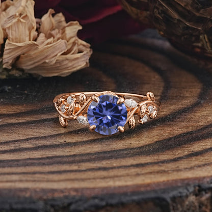Romantic Round Cut Nature-Inspired Leaf Tanzanite Engagement Ring for Women