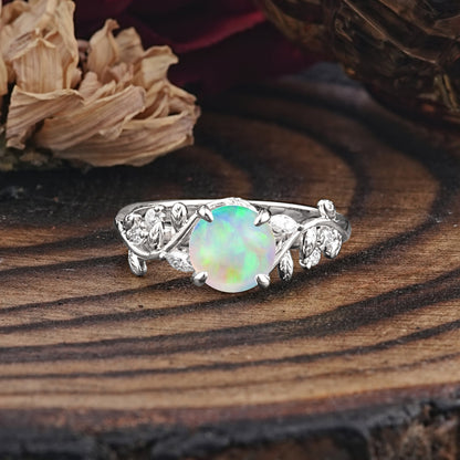 Romantic Round Cut Nature-Inspired Leaf Opal Engagement Ring for Women