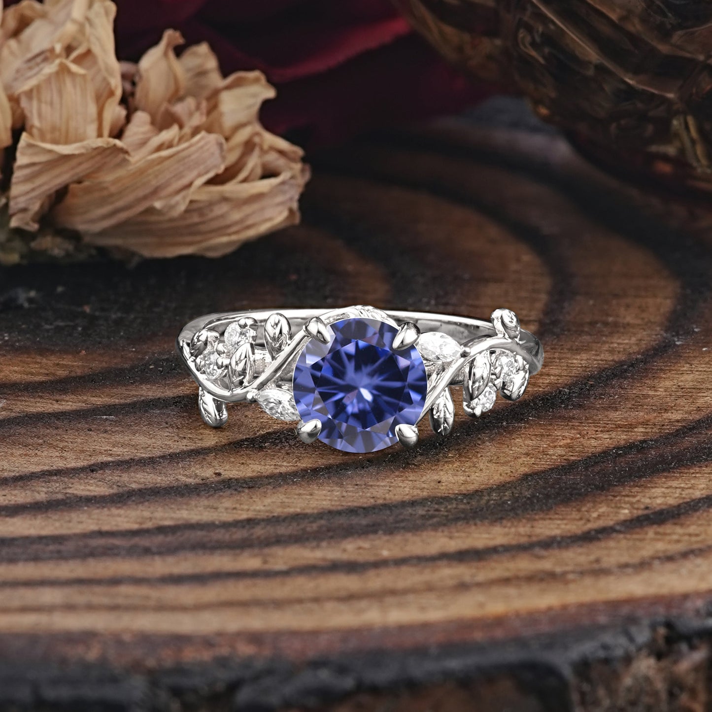 Romantic Round Cut Nature-Inspired Leaf Tanzanite Engagement Ring for Women