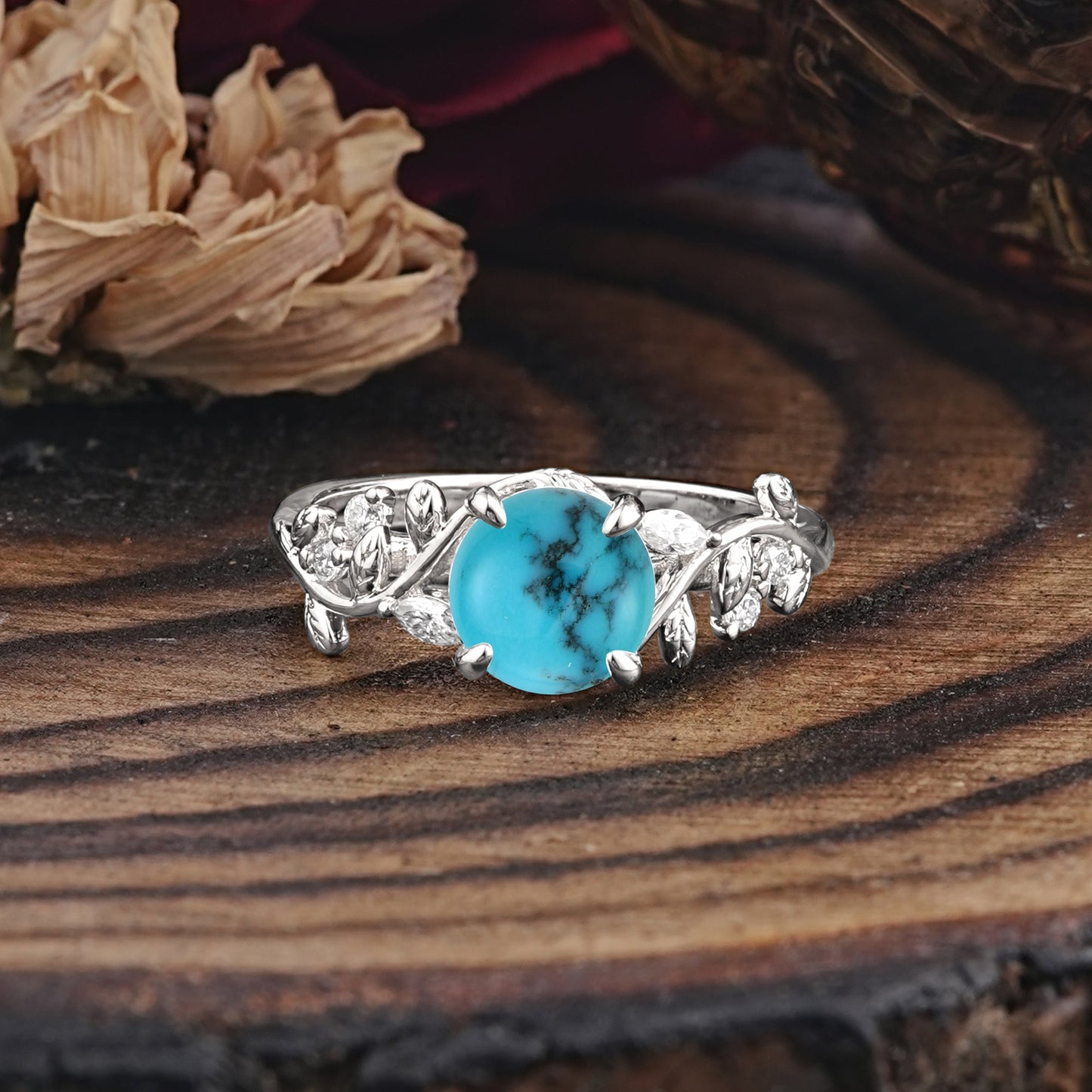 Romantic Round Cut Nature-Inspired Leaf Turquoise Engagement Ring for Women