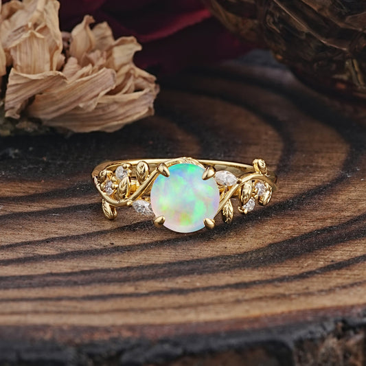 Romantic Round Cut Nature-Inspired Leaf Opal Engagement Ring for Women