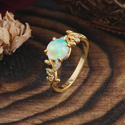Romantic Round Cut Nature-Inspired Leaf Opal Engagement Ring for Women