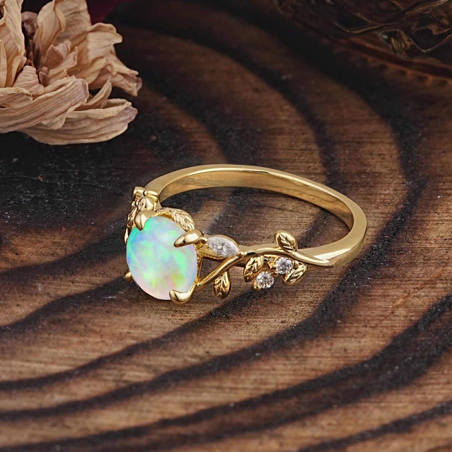 Romantic Round Cut Nature-Inspired Leaf Opal Engagement Ring for Women
