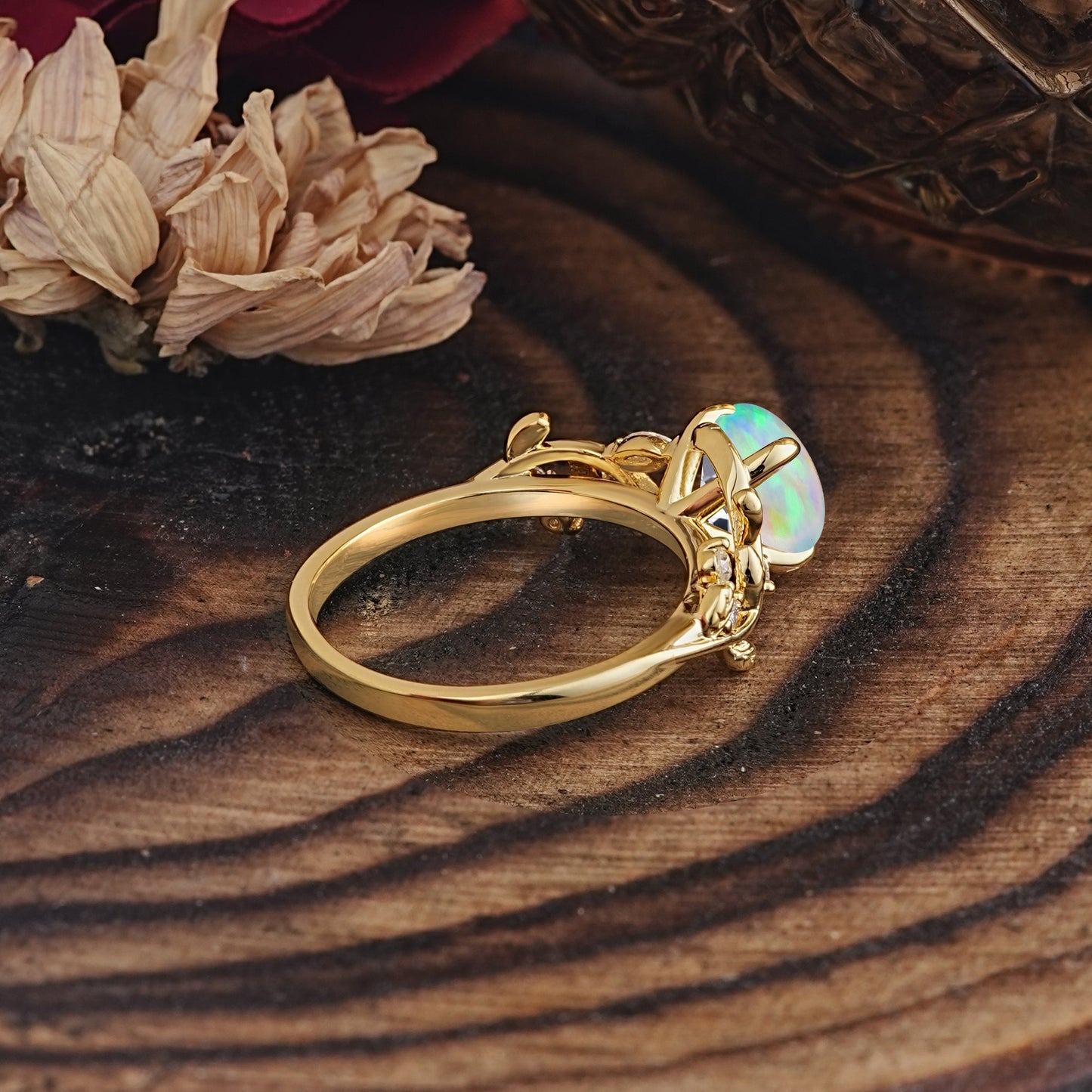 Romantic Round Cut Nature-Inspired Leaf Opal Engagement Ring for Women