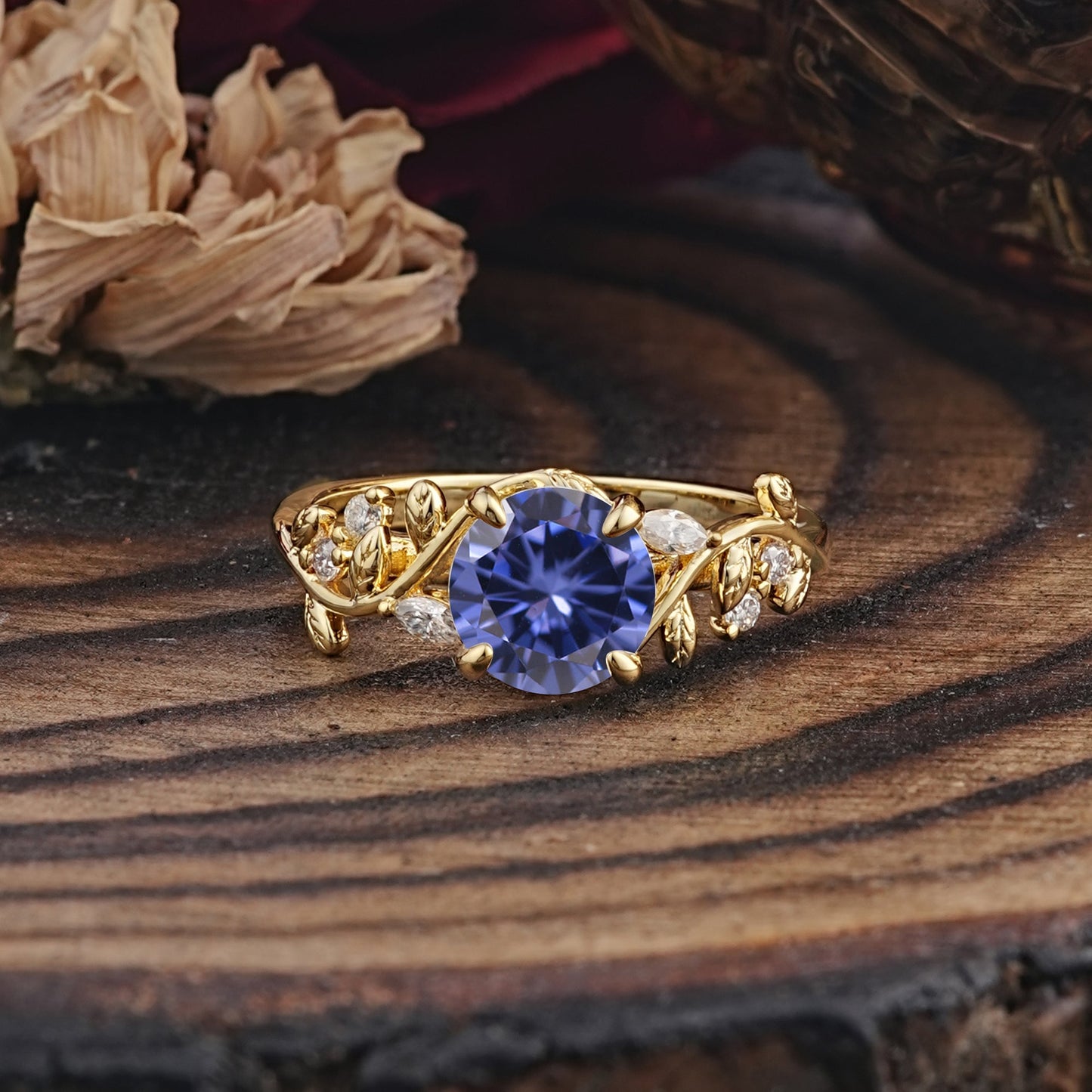 Romantic Round Cut Nature-Inspired Leaf Tanzanite Engagement Ring for Women