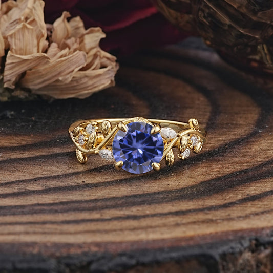 Romantic Round Cut Nature-Inspired Leaf Tanzanite Engagement Ring for Women