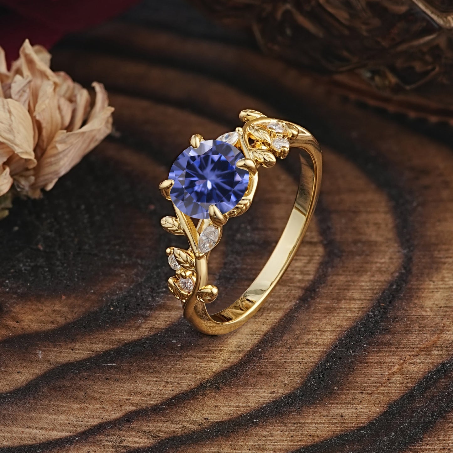Romantic Round Cut Nature-Inspired Leaf Tanzanite Engagement Ring for Women