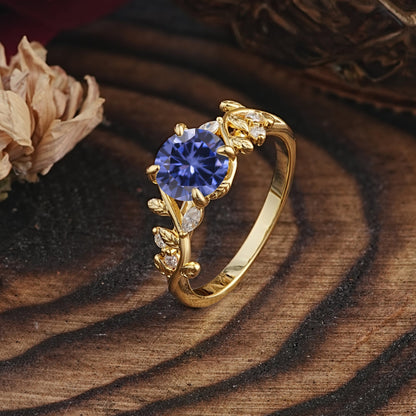 Romantic Round Cut Nature-Inspired Leaf Tanzanite Engagement Ring for Women