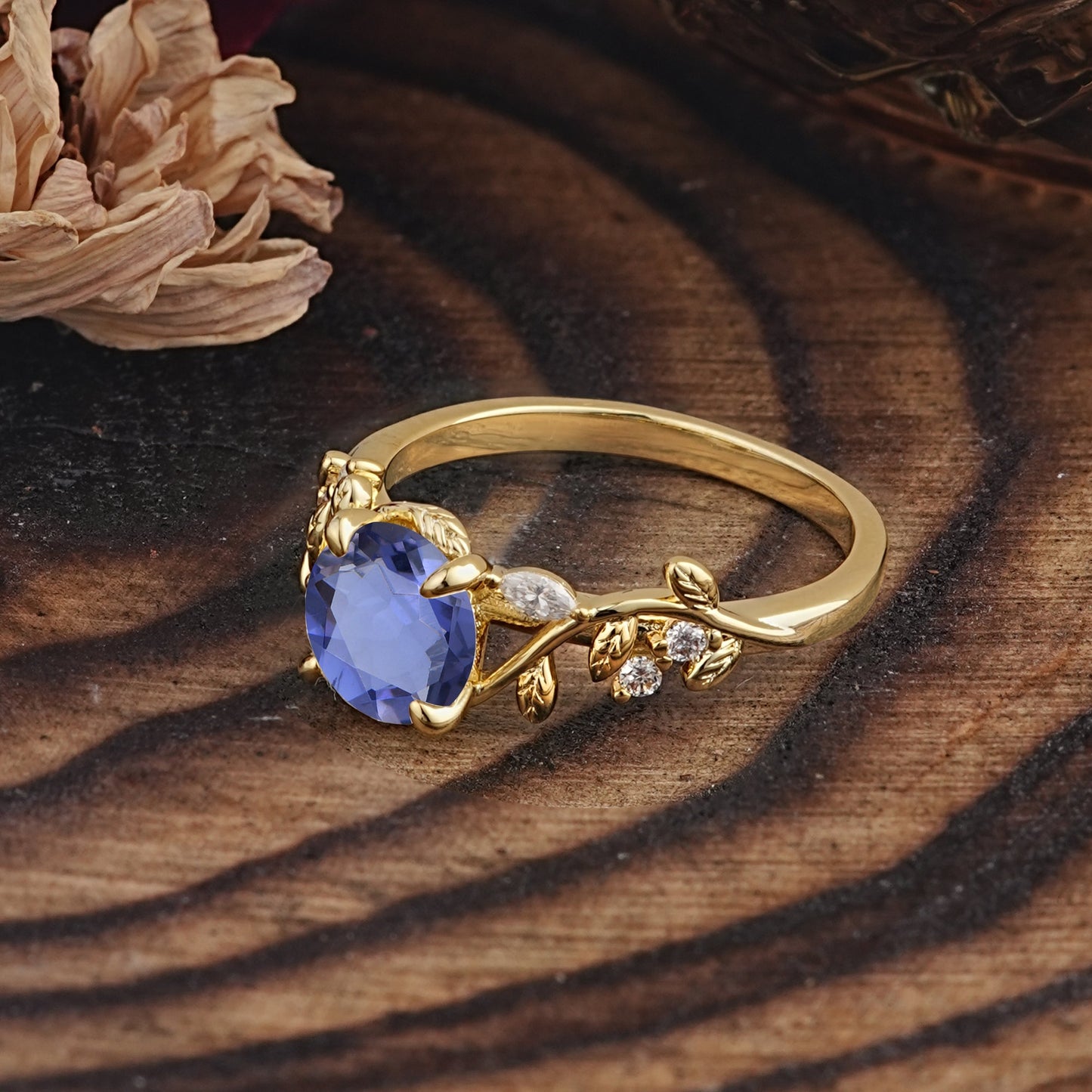 Romantic Round Cut Nature-Inspired Leaf Tanzanite Engagement Ring for Women
