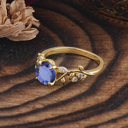 Romantic Round Cut Nature-Inspired Leaf Tanzanite Engagement Ring for Women