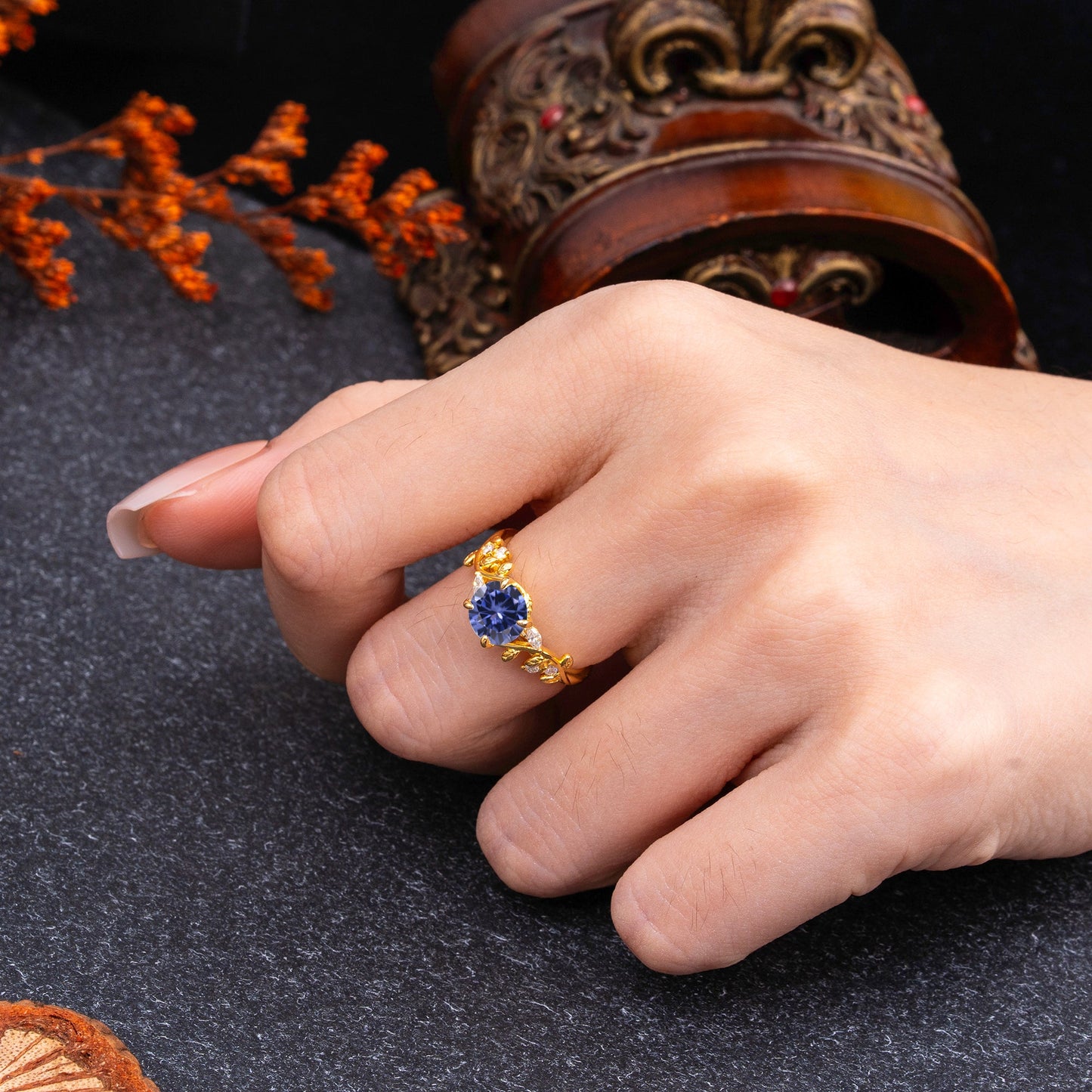Romantic Round Cut Nature-Inspired Leaf Tanzanite Engagement Ring for Women