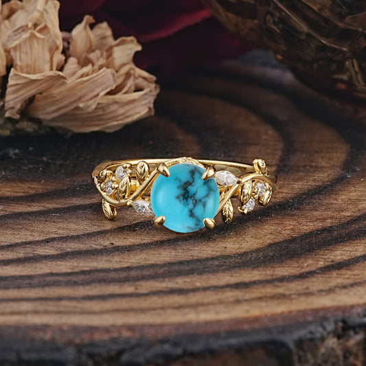 Romantic Round Cut Nature-Inspired Leaf Turquoise Engagement Ring for Women