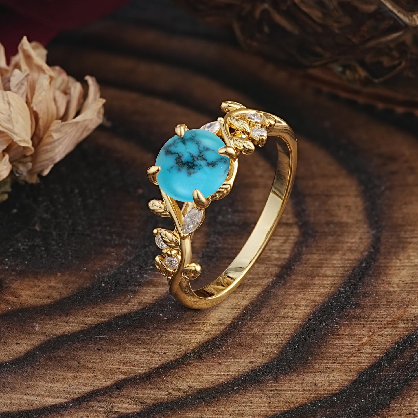 Romantic Round Cut Nature-Inspired Leaf Turquoise Engagement Ring for Women