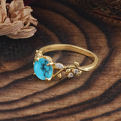 Romantic Round Cut Nature-Inspired Leaf Turquoise Engagement Ring for Women