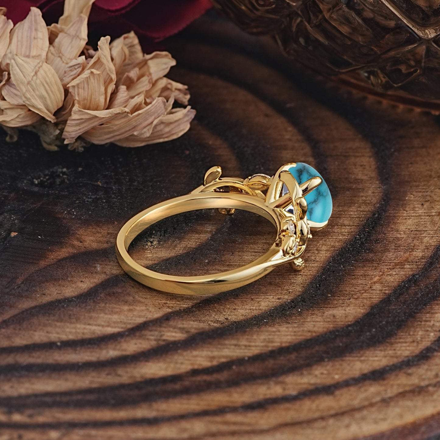 Romantic Round Cut Nature-Inspired Leaf Turquoise Engagement Ring for Women