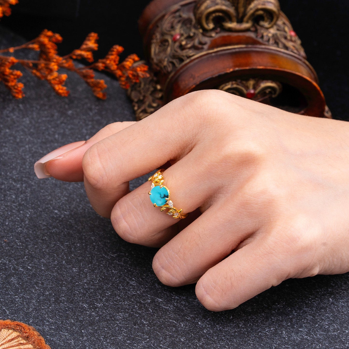 Romantic Round Cut Nature-Inspired Leaf Turquoise Engagement Ring for Women