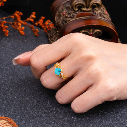 Romantic Round Cut Nature-Inspired Leaf Turquoise Engagement Ring for Women