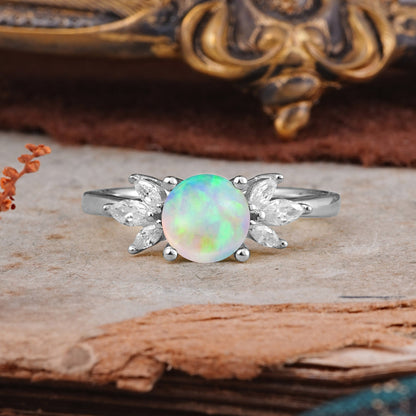 Elegant 6 Prong Round Cut Cluster Opal Engagement Ring