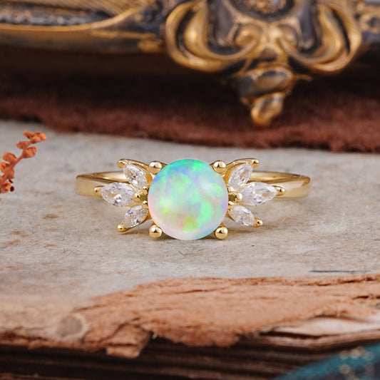Elegant 6 Prong Round Cut Cluster Opal Engagement Ring