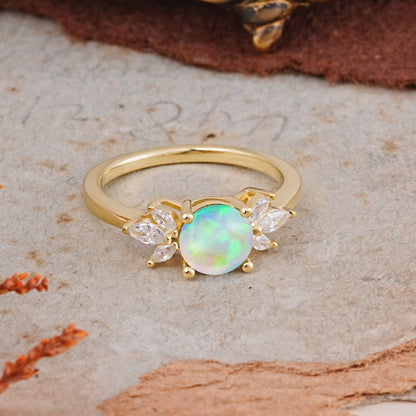 Elegant 6 Prong Round Cut Cluster Opal Engagement Ring