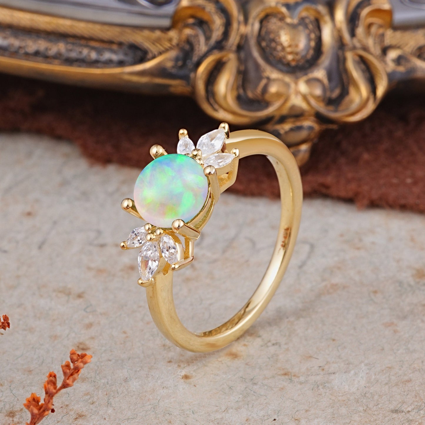 Elegant 6 Prong Round Cut Cluster Opal Engagement Ring