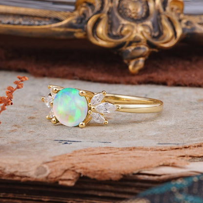 Elegant 6 Prong Round Cut Cluster Opal Engagement Ring