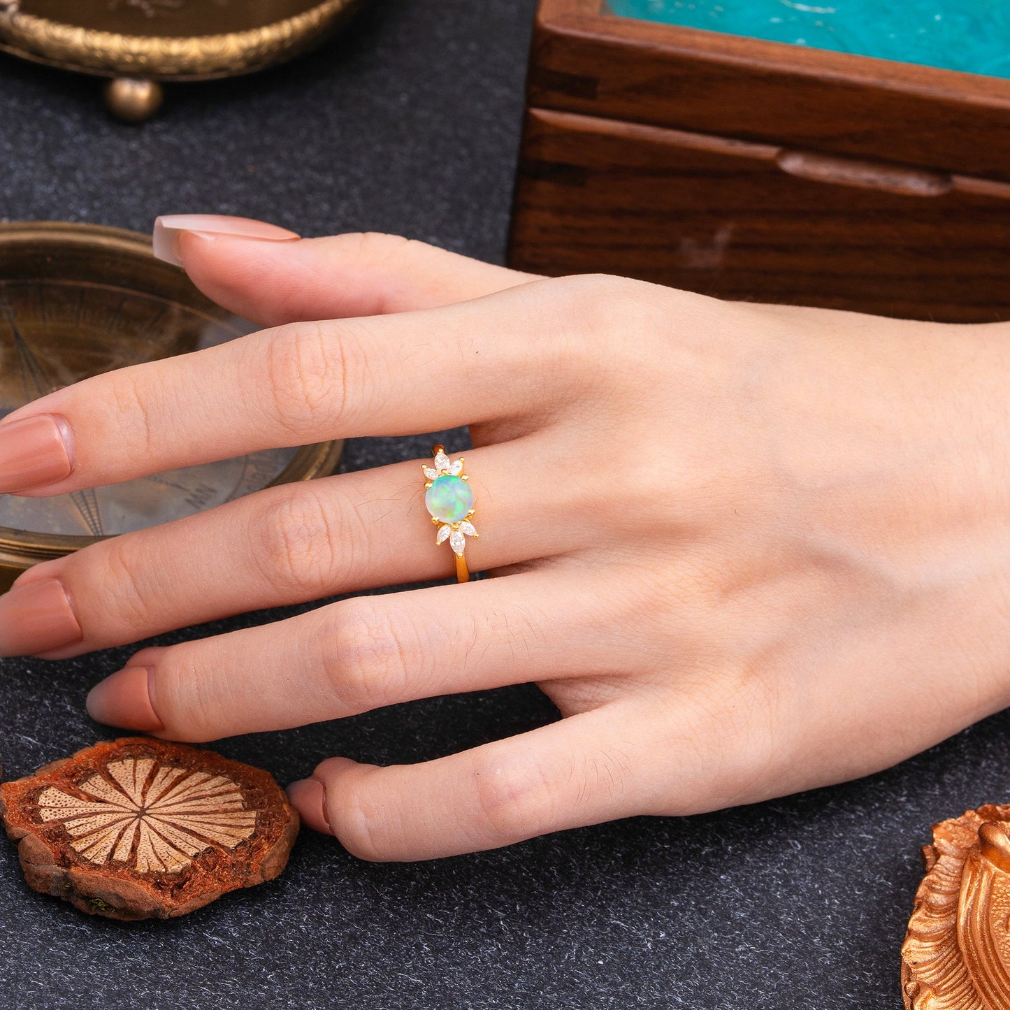 Elegant 6 Prong Round Cut Cluster Opal Engagement Ring