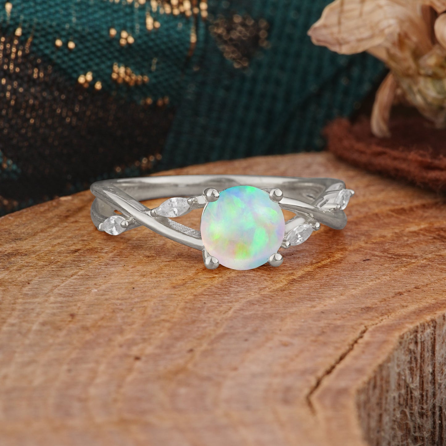 Vintage Round Cut Twisted Band Opal Engagement Ring for Women
